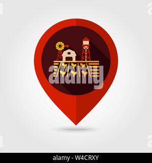 Farm landscape with barn, windpump, seedling and water tower flat vector pin map icon. Map pointer. Map markers. Agriculture sign. Graph symbol for yo Stock Vector