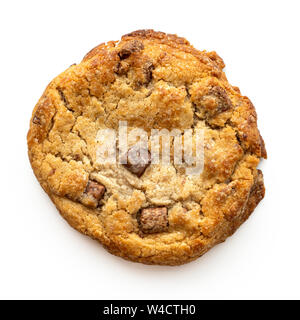 Home made light brown chocolate chip cookie isolated on white from above. Stock Photo