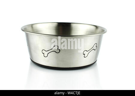 Empty metal dog bowl isolated on white background. Stock Photo