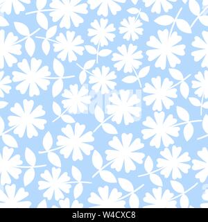 Elegant white flowers in ditsy floral design. Seamless vector pattern on light blue background. Great for wellness, beauty, baby, spa, garden products Stock Vector