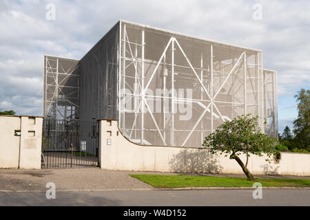 Hill House, designed by Charles Rennie Mackintosh, inside protective steel framed box covered in a chainmail mesh, Helensburgh, Scotland, UK Stock Photo