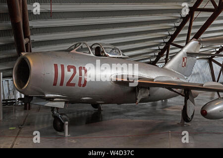 MIG-15 Russian Jet fighter, built in 1955, in the colours of th Polish Air Force. Displayed at the RAF Museum in Cosford, England. Stock Photo