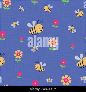 Cute cartoon honey bees and flowers on subtle doodle grid. Seamless vector pattern on deep blue background. Great for kids,baby, garden, kindergarten Stock Vector