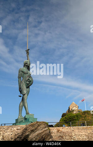 Verity. A stainless steel and bronze statue by Damien Hirst, on the pier entrance in the town of Ifracombe in Devon, England. Erected 2012. Stock Photo