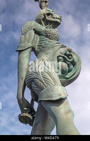 Verity. A stainless steel and bronze statue by Damien Hirst, on the pier entrance in the town of Ifracombe in Devon, England. Erected 2012. Stock Photo