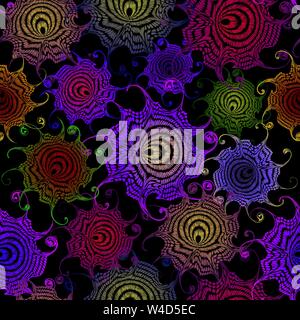 Memphis seamless pattern in the style of 80's. Bright color elements on a dark background. Stock Vector