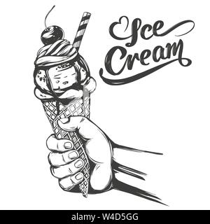 Ice cream holding hand, hand drawn vector illustration realistic sketch Stock Vector