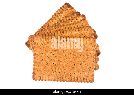 closeup of stack of square shaped wholegrain brown biscuit isolated on white Stock Photo