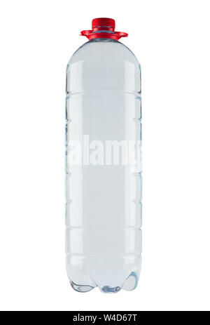 front view closeup of large plastic water bottle with red cap and holder isolated on white background Stock Photo