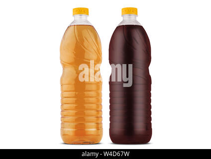 front view closeup of olive oil and red wine vinegar bottles mockups with yellow cap in plastic transparent packaging isolated on white Stock Photo