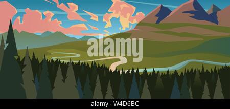 Modern landscape background trees and mountain peaks Stock Vector