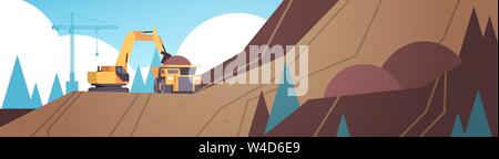 heavy excavator loading soil on dump truck professional equipment working on coal mine production mining transport concept opencast stone quarry Stock Vector