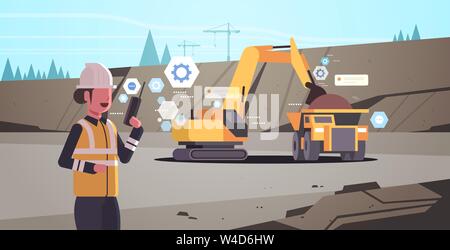 woman in helmet using walkie talkie controlling excavator loading soil on dump truck professional equipment working on coal mine production opencast Stock Vector