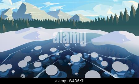 Modern winter landscape background of a frozen forest lake and mountain peaks Stock Vector