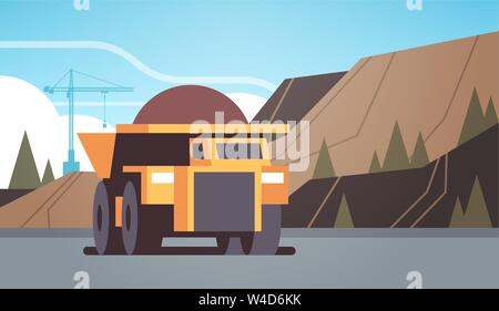 heavy yellow dumper truck professional equipment working on coal mine production mining transport concept opencast stone quarry background flat Stock Vector