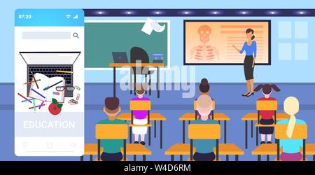 pupils sitting desks looking at female teacher pointing skeleton biology anatomy lesson school education concept online mobile app modern classroom Stock Vector