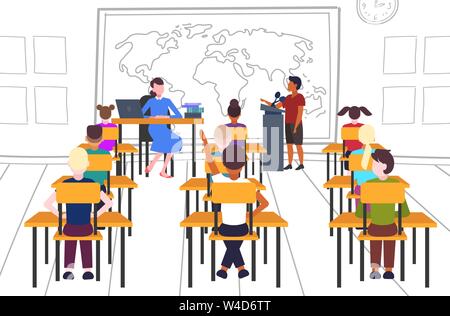 teacher with pupils sitting at desks looking at schoolboy speaking at world map geography lesson school education concept modern classroom interior Stock Vector