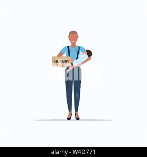 sad mother with little baby beggar holding sign board with hungry text tramp woman with child begging for help homeless poverty concept flat full Stock Vector