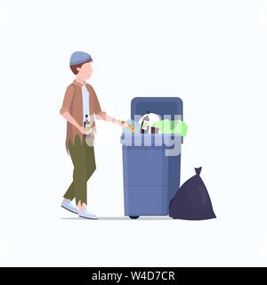 poor man beggar holding bottle of alcohol tramp searching food and clothes in trash can on street homeless jobless unemployment poverty concept white Stock Vector