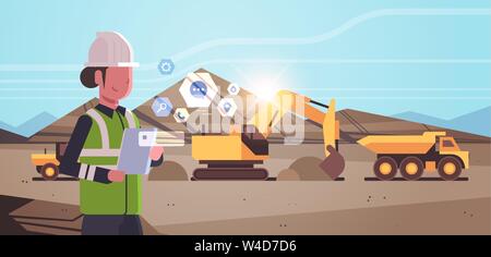 open pit woman worker in helmet using mobile app excavator loading soil on dump truck professional equipment working on coal mine production opencast Stock Vector