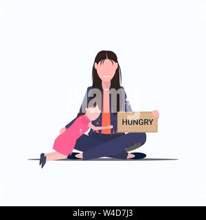 sad mother with little daughter beggar holding sign board with hungry text tramp woman with child begging for help homeless poverty concept flat full Stock Vector
