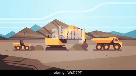 heavy excavator loading soil on dump truck professional equipment working on coal mine production mining transport concept opencast stone quarry Stock Vector