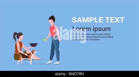 girl giving money to poor woman sitting on floor with dog begging for help female beggar holding hat homeless jobless unemployment concept horizontal Stock Vector