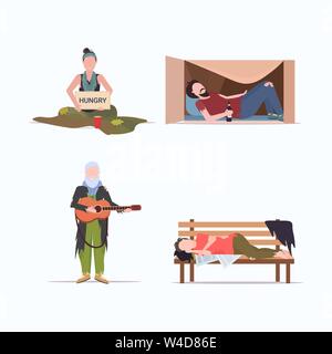 set tramps poor homeless characters needing help different beggars unemployment homeless jobless concepts collection flat full length Stock Vector