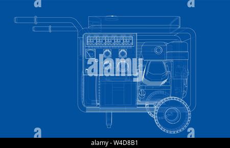 Outline portable gasoline generator vector. Wire-frame style. The layers of visible and invisible lines. 3D illustration Stock Vector