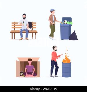 set tramps poor homeless characters needing help different beggars unemployment men homeless jobless concepts collection flat full length Stock Vector