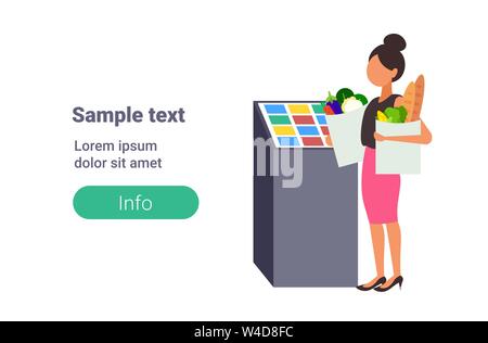 woman holding paper bags with groceries girl housewife standing near electronic scales or self-service cash register shopping concept flat full length Stock Vector