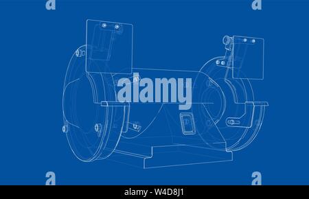 Outline electric grindstone vector. Wire-frame style. The layers of visible and invisible lines. 3D illustration Stock Vector