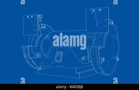 Outline electric grindstone vector. Wire-frame style. The layers of visible and invisible lines. 3D illustration Stock Vector