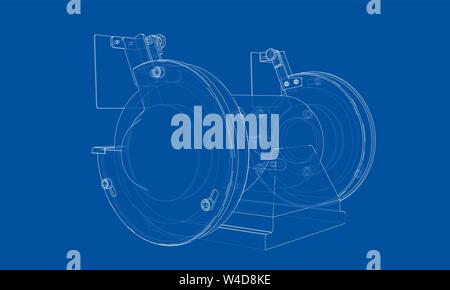 Outline electric grindstone vector. Wire-frame style. The layers of visible and invisible lines. 3D illustration Stock Vector