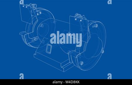 Outline electric grindstone vector. Wire-frame style. The layers of visible and invisible lines. 3D illustration Stock Vector