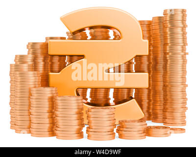 Ukrainian hryvnia symbol with golden coins around, 3D rendering isolated on white background Stock Photo