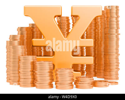 Yen or yuan symbol with golden coins around, 3D rendering isolated on white background Stock Photo