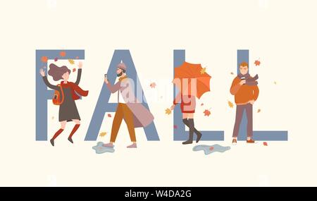 Fall word with people in front of it. Different characters in autumn season. Jumping girl, walking man with phone, hipster with coffee and woman with Stock Vector
