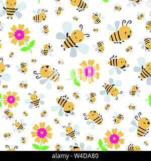 Cute cartoon honey bees and flowers on white and yellow honeycomb background. Seamless vector pattern. Great for kids,baby, garden, kindergarten Stock Vector