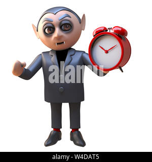 Horrible vampire dracula character dressed in black holding an alarm clock, 3d illustration render Stock Photo