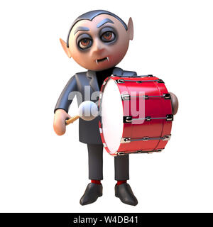 3d dracula vampire character dressed in black and beating a death march on a bass drum, 3d illustration render Stock Photo