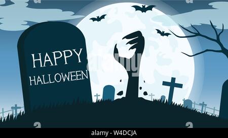 Halloween background with zombies hands in graveyard and the full moon - Vector illustration Stock Vector