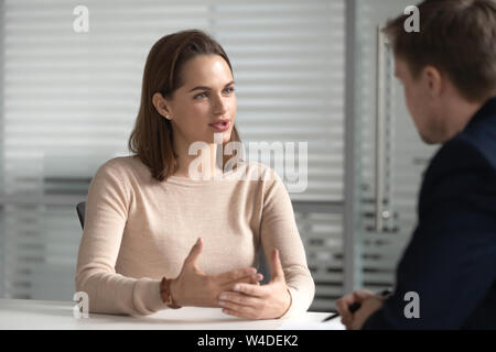Female job applicant manager talk to hr at interview meeting Stock Photo