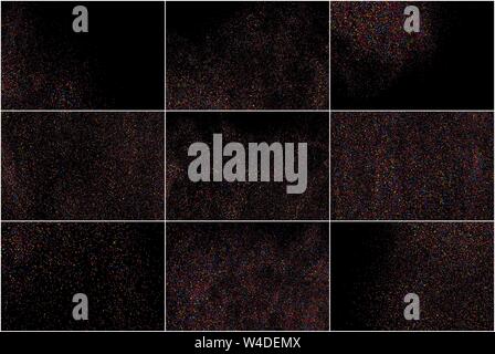 Set of Abstract Confetti. Colorful Grainy Texture Isolated on Black Background. Colored Stains and Blots. Vector Overlay Elements. Digitally Generated Stock Vector