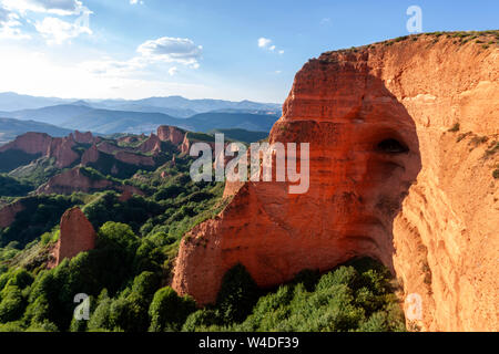 Panoramic view of Las Médulas, with a balcony at the end of a visitable tunnel, Las Medulas, historic gold-mining site, Castile, Spain Stock Photo