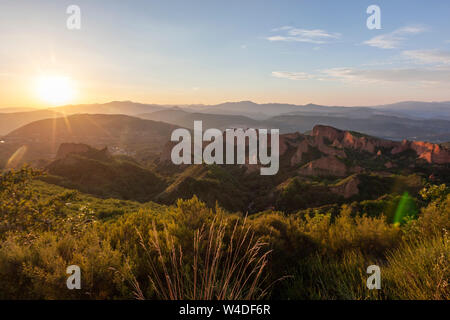 Panoramic, during sunset,  of Las Medulas, historic gold-mining site near the town of Ponferrada i, Leon Province, Castille, Spain Stock Photo