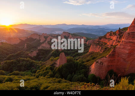 Panoramic, during sunset, view of Las Medulas, historic gold-mining site near the town of Ponferrada i, Leon Province, Castille, Spain Stock Photo