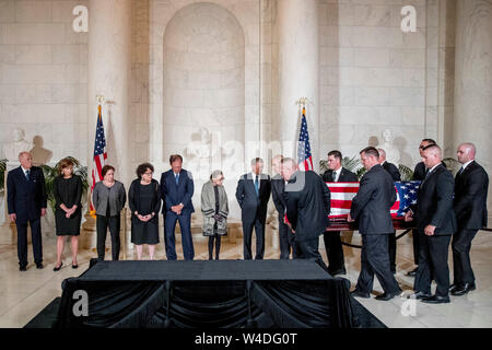 From left, retired Associate Justice Anthony Kennedy, Ashley Kavanaugh, the wife of Associate Justice Brett Kavanaugh, Associate Justice Elena Kagan, Associate Justice Sonia Sotomayor, Associate Justice Samuel Alito, Associate Justice Ruth Bader Ginsburg, and Chief Justice John Roberts watch as the casket of late Supreme Court Justice John Paul Stevens is carried into the Great Hall of the Supreme Court in Washington, Monday, July 22, 2019. Credit: Andrew Harnik/Pool via CNP /MediaPunch Stock Photo