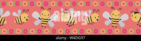 Cute cartoon honey bees and flowers border design on coral and yellow honeycomb background. Seamless vector pattern. Great for kids,baby, garden Stock Vector