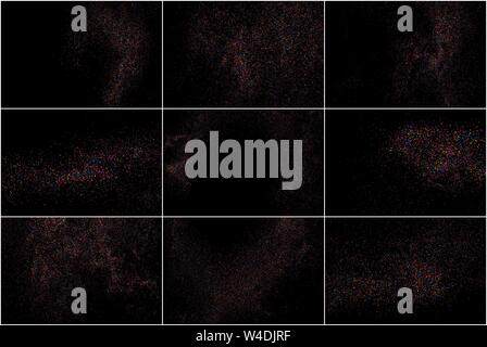 Set of Abstract Confetti. Colorful Grainy Texture Isolated on Black Background. Colored Stains and Blots. Vector Overlay Elements. Digitally Generated Stock Vector